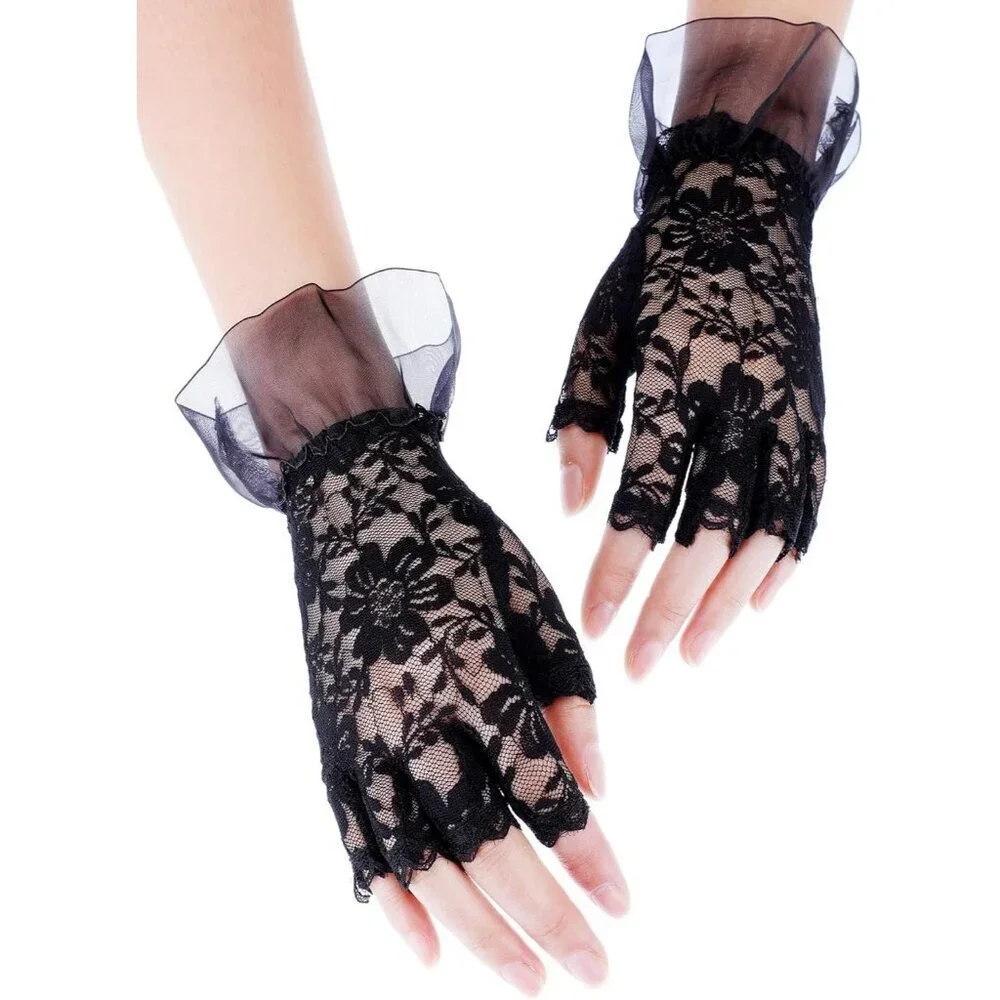 Women's Black Lace Short Floral Halloween Cosplay Dress Up Costume Gloves